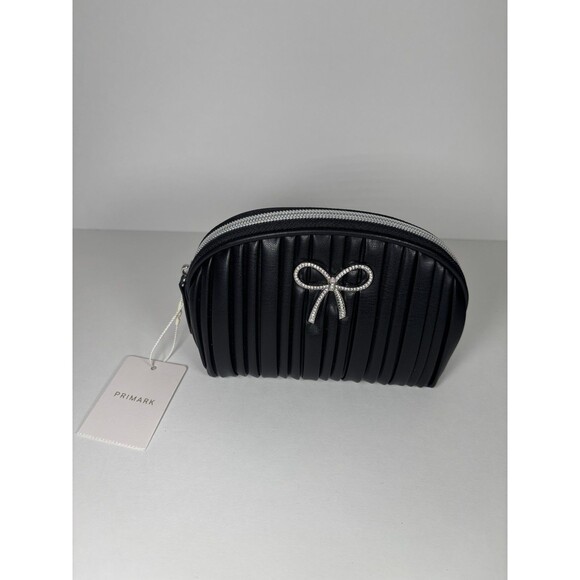 NEW Primark Black Pleated Cosmetic Makeup Bag Pouch Rhinestone Crystal Bow NWT - Picture 1 of 8